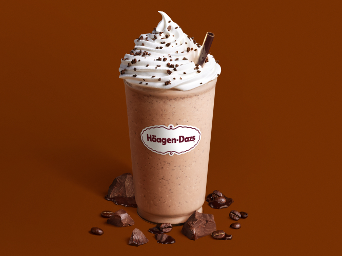 Mocha Shake Belgian Chocolate Ice Cream paired with Coffee Ice Cream, blended and topped with whipped cream and crunchy chocolate cookie pieces.